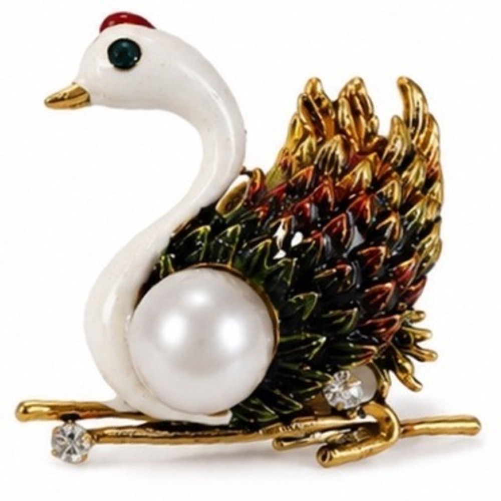 Enamel Swan Brooch Gold Tone Faux Pearl and Rhinestone Accents Animal Pin